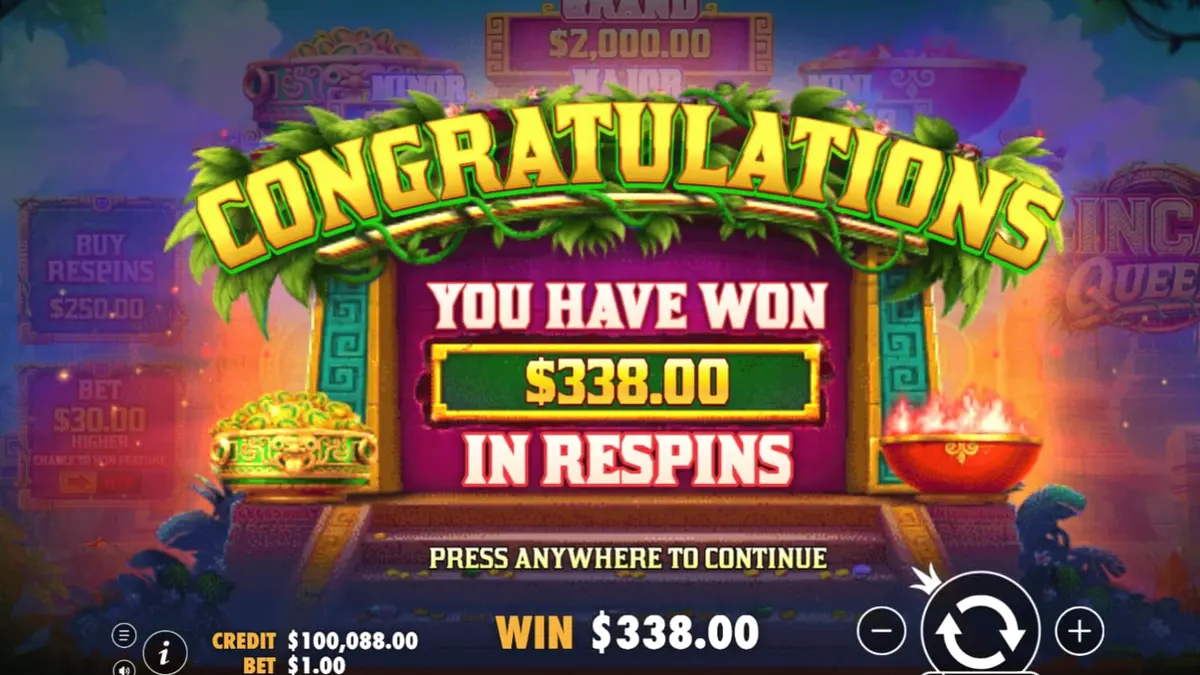 Interface do slot Inca Queen com símbolos de moedas e cenário de templo inca