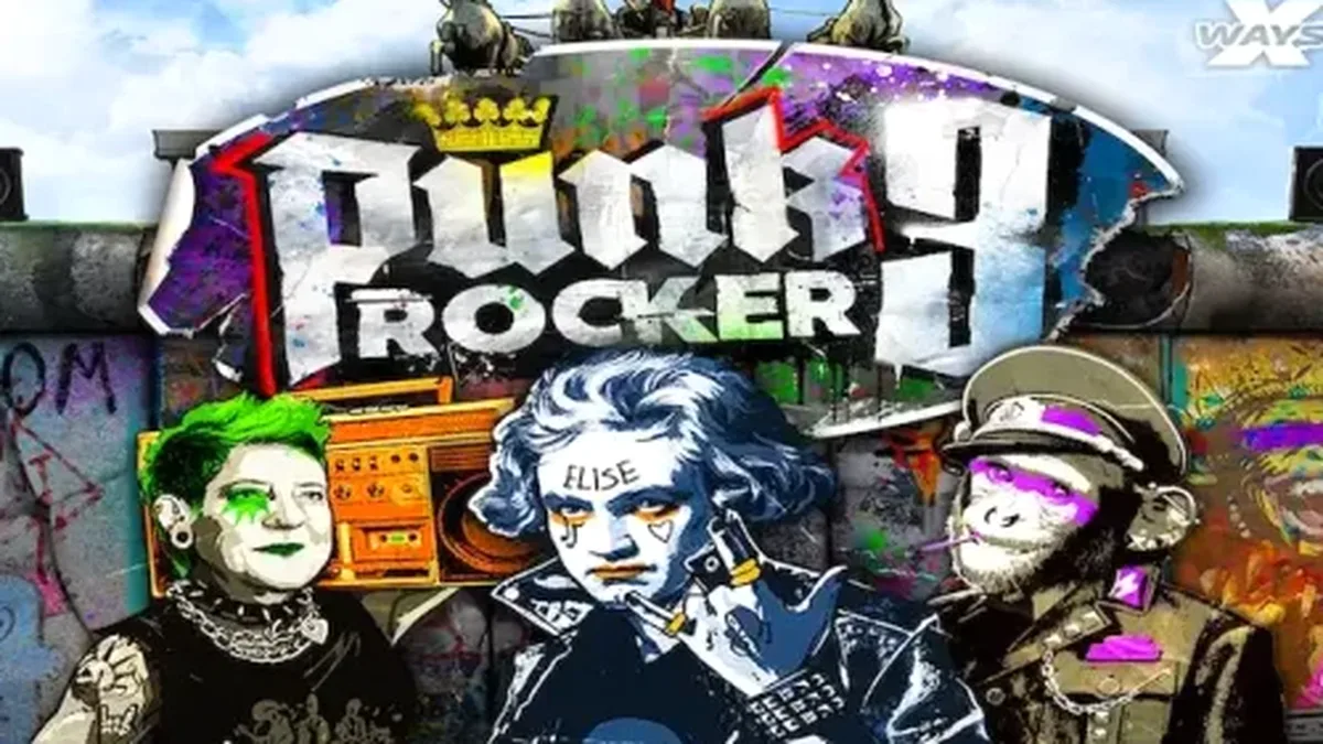 Design visual vibrante e caótico do slot Punk Rocker 3 com temática de Berlim