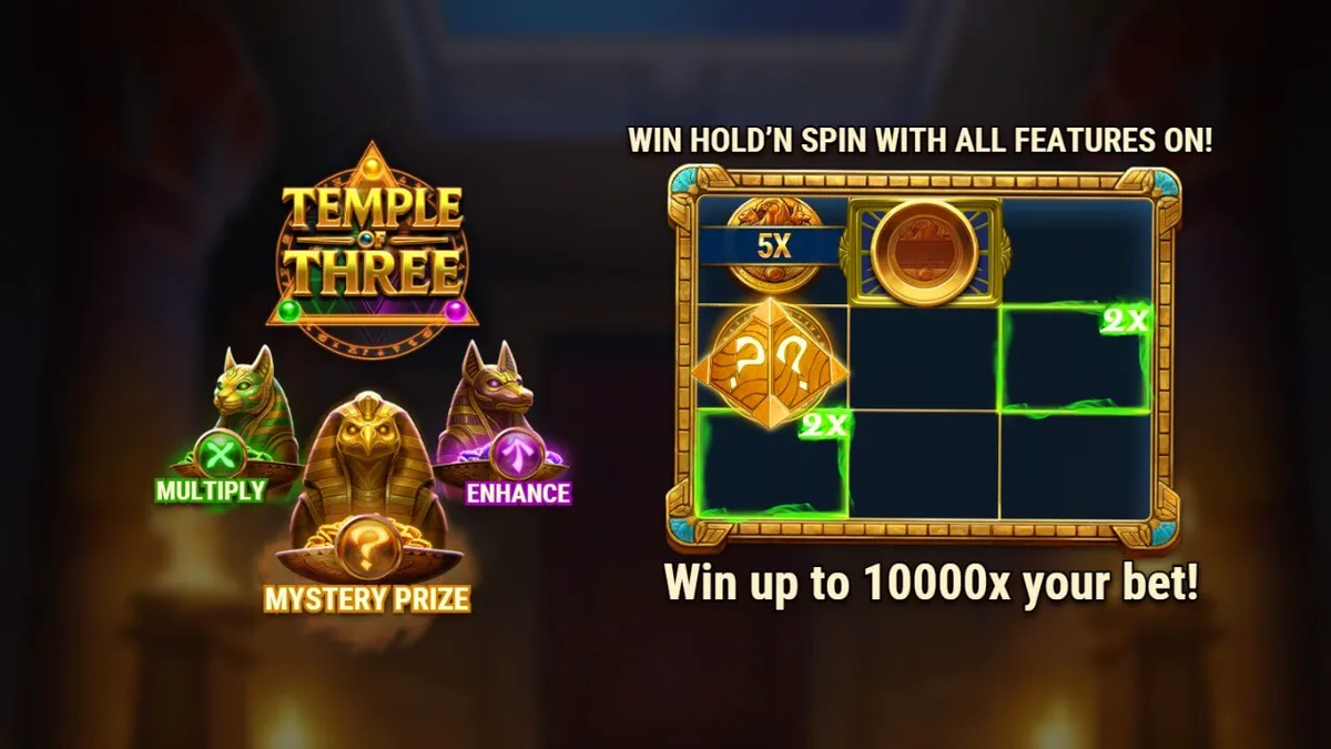 Interface do jogo Temple of Three com estátuas de divindades egípcias e símbolos dourados.