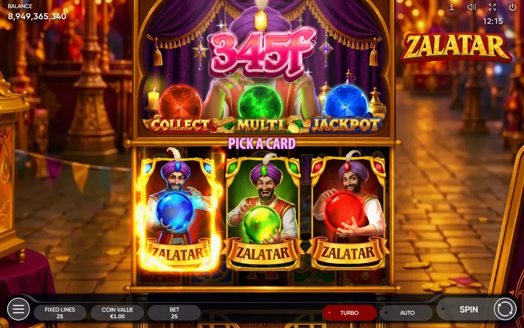 Interface mística do slot Zalatar com orbes coloridas e símbolos de cartomancia.